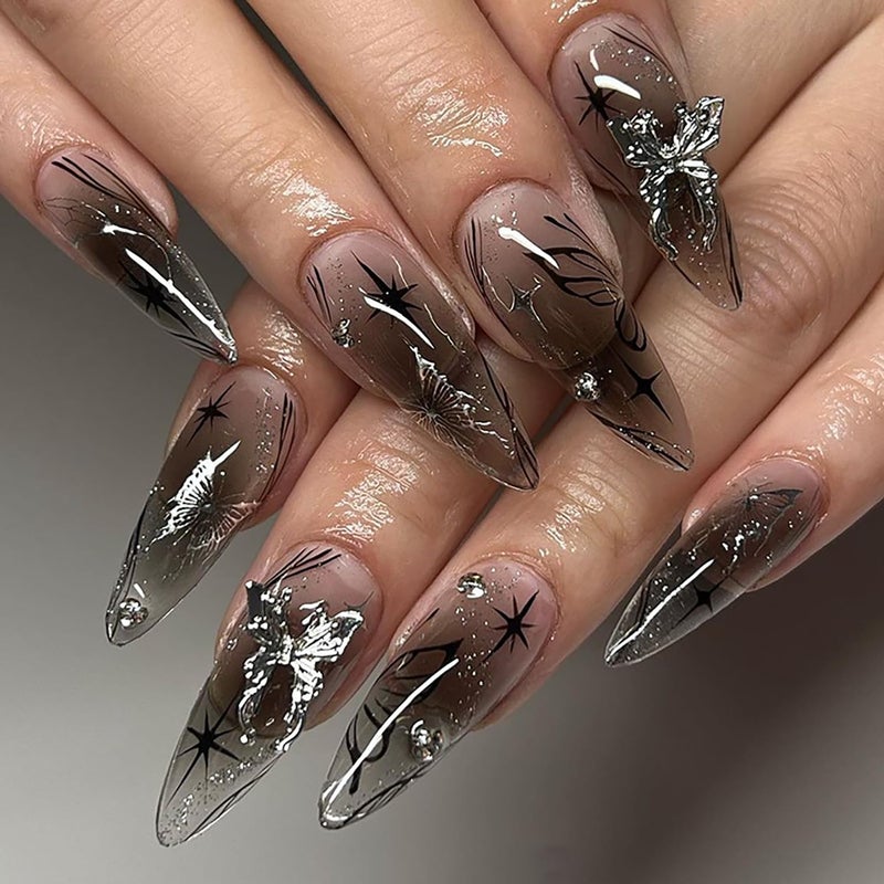 ASABITE 24 Pcs Almond Press on Nails Long Fake Nails with 3D Butterfly Nail Charms Nude Black False Nails with Design Glitter Artificial Nails Glossy Full Cover Glue on Nails Stick on Nails for Women Girls - Image 1